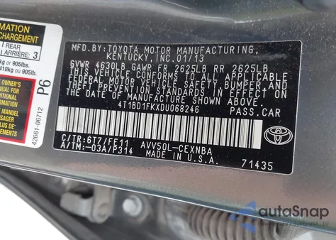 2013 Toyota Camry Hybrid Le из США, поврежденный, VIN 4T1BD1FKXDU068246